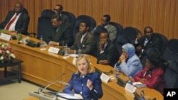 US Secretary of State Hillary Clinton addresses the 53-member African Union at the AU's headquarters in Ethiopia's capital Addis Ababa, June 13, 2011