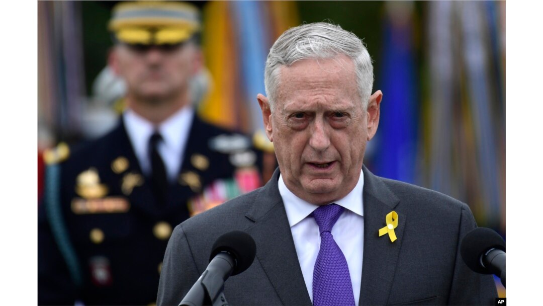 FILE - Defense Secretary Jim Mattis speaks at the Pentagon in Washington, Sept. 21, 2018.