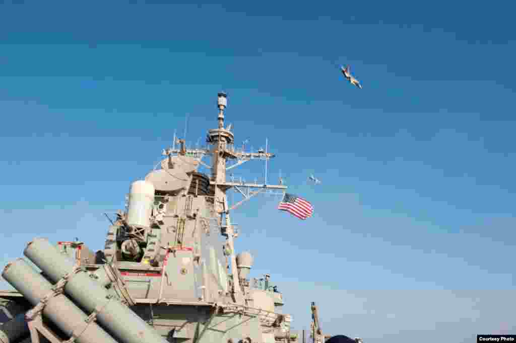 Image of Russian fly-over near guided-missile destroyer USS Donald Cook in Baltic Sea as provided by the U.S. Navy 6th Fleet.