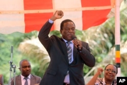 FILE - Zimbabwean Deputy President Emmerson Mnangagwa greets party supporters at the ZANU-PF headquarters in Harare.