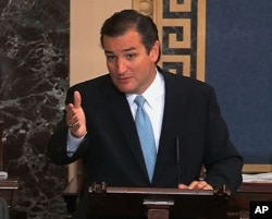 FILE - This Sept. 24, 2013, file image from Senate video shows Sen. Ted Cruz, R-Texas, speaking on the Senate floor. It was during this marathon session that he read "Green Eggs and Ham."