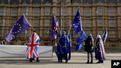 Pro-EU membership supporters hold European Union flags as they protest against Brexit across the street from the Houses of Parliament in London, Tuesday, Jan. 30, 2018.