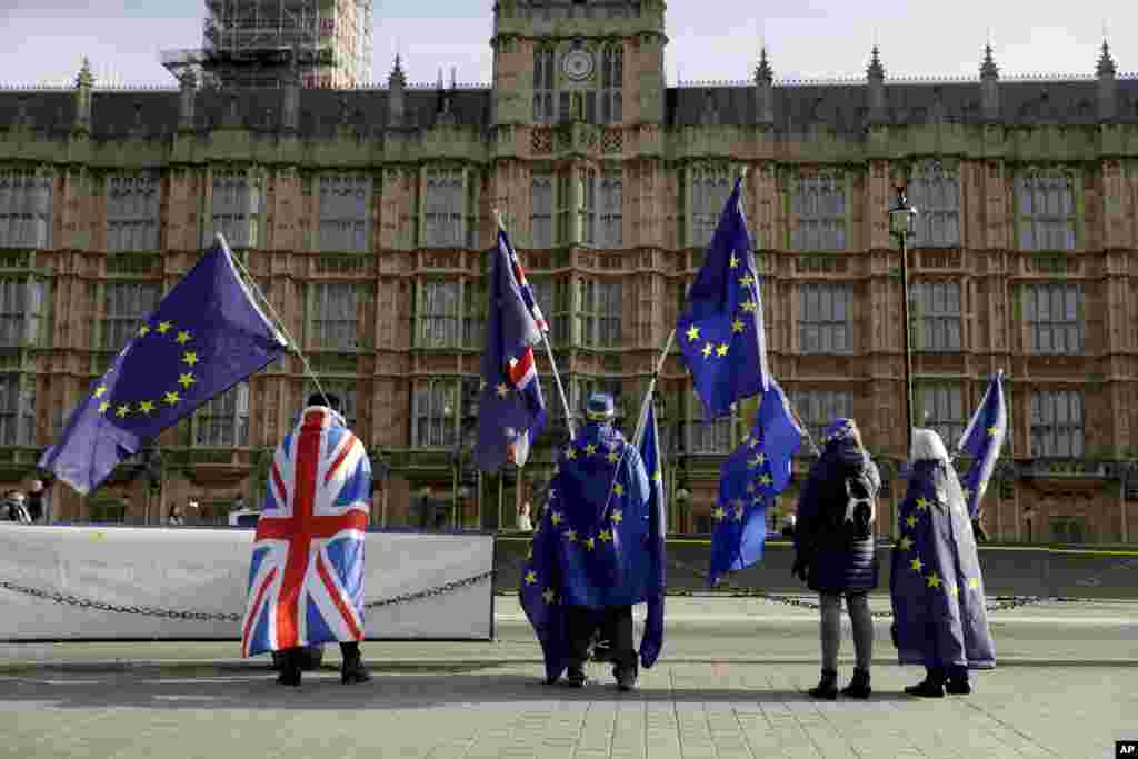 Pro-EU membership supporters protest against Brexit across the street from the Houses of Parliament in London.