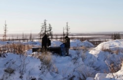 FILE - In this Oct. 27, 2010 photo, Russian scientists Sergey Zimov and his son Nikita Zimov extract air samples from frozen soil near the town of Chersky in Siberia 6,600 kms (4,000 miles) east of Moscow.