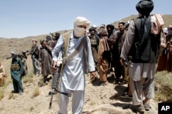 FILE - Taliban fighters walk during a gathering in Shindand district of Herat province, Afghanistan, May 27, 2016.