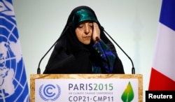 FILE - Vice President of the Islamic Republic of Iran Masoumeh Ebtekar delivers a speech during the opening session of the World Climate Change Conference 2015 (COP21) at Le Bourget, near Paris, France, Nov. 30, 2015.