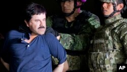 Joaquín "El Chapo" Guzmán, esposado es obligado a mirar a la prensa cuando es escoltado a un helicóptero por soldados y marines mexicanos en un hangar federal en Ciudad de México, el 8 de junio de 2016, tras ser atrapado por segunda vez luego de haberse fugado de prisión.
