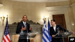 Tổng thống Mỹ Barack Obama và Thủ tướng Hy Lạp Alexis Tsipras trong một cuộc họp báo chung ở Athens, 15/11/2016.