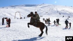 Seekor kuda di atas salju Resor Ski Elmadag, Ankara, Turki, setelah hujan salju melanda kawasan tersebut, 22 Januari 2021. (Adem ALTAN / AFP)