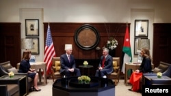 Jordan's King Abdullah, his wife Queen Rania (R), meet with U.S. Vice President Mike Pence, and wife Karen Pence, at the Royal Palace in Amman, Jordan, Jan. 21, 2018. 