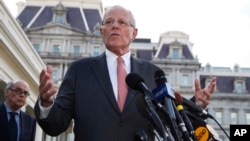 Peruvian President Pedro Pablo Kuczynski speaks to reporters outside the West Wing of the White House in Washington, Feb. 24, 2017, after a meeting with President Donald Trump. 