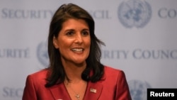 FILE - U.S. Ambassador to the United Nations Nikki Haley speaks during a news conference at U.N. headquarters in Manhattan, New York, Sept. 20, 2018. 