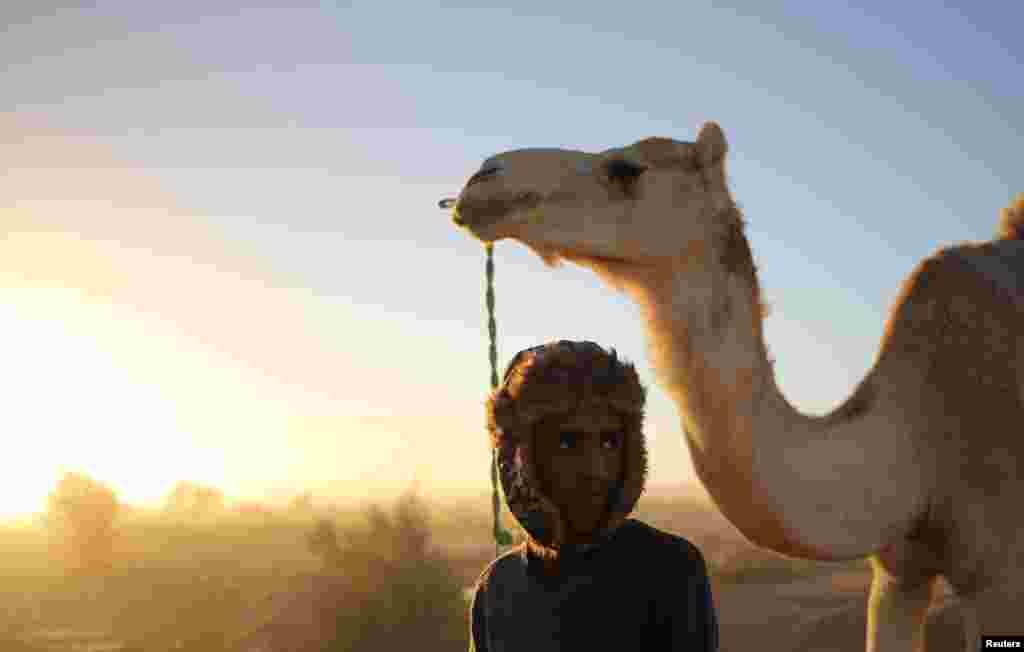 ایک آدمی صحرا کے اس میلے میں اونٹ کی رسی کی تھامے جا رہا ہے۔