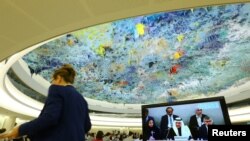 Le président de la commission des droits humains d'Arabie saoudite Bandar al Aiban lors de de l'Examen périodique universel de la situation des droits de l'homme en Arabie saoudite par le le Conseil des droits de l'homme de l'ONU à Genève, Suisse, le 5 novembre 2018.