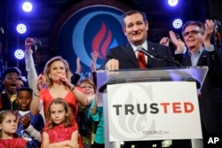 Republican presidential candidate, Sen. Ted Cruz, R-Texas, addresses the crowd during an election night watch party in Stafford, Texas, March 1, 2016.