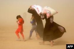 Displaced Iraqis who fled the government's operation against the Islamic State (IS) group in the city of Fallujah carry basic food items donated by a NGO called Preemptive Love Coalition on June 20, 2016 in a camp in Khaldiyeh.