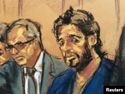 Turkish gold trader Reza Zarrab is shown in this court room sketch with lawyer Marc Agnifilo (L) as he appears in Manhattan federal court in New York, April 24, 2017.