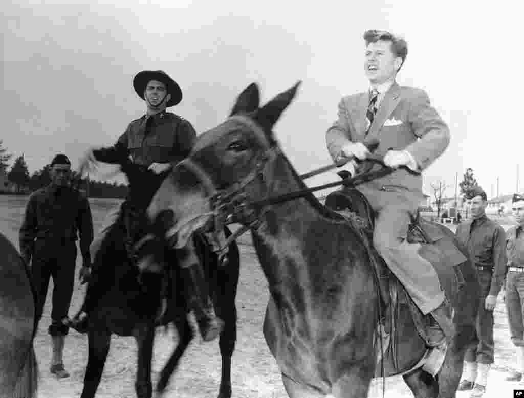 Hollywood's Mickey Rooney, visiting an army post, demonstrates his riding ability with one of the Fourth Field Artillery's famous mules, at Fort Bragg, North Carolina, Jan. 29, 1942. 