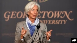 International Monetary Fund (IMF) Managing Director Christine Lagarde speaks on "The Challenges Facing the Global Economy" ahead of the 2014 IMF/World Bank Annual meetings, Oct. 2, 2014, at Georgetown University in Washington. 