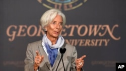 International Monetary Fund (IMF) Managing Director Christine Lagarde speaks on "The Challenges Facing the Global Economy" ahead of the 2014 IMF/World Bank Annual meetings, Oct. 2, 2014, at Georgetown University in Washington. 