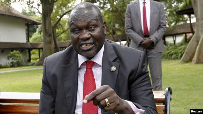 FILE - South Sudan rebel leader Riek Machar speaks during an interview in Nairobi, Kenya, July 8, 2015.