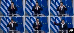 FILE - In this six photo series from top left, Greek Prime Minister Alexis Tsipras removes his tie at the end of his speech to lawmakers from his left-led governing coalition in Athens, June 22, 2018. Greek Prime Minister Alexis Tsipras has donned a neck tie, for the first time in more than three years in office, to celebrate the debt relief deal agreed by the country's creditors.
