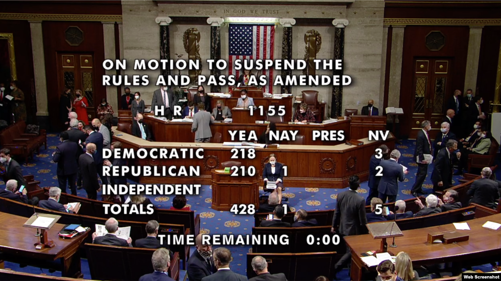 资料图片：美国众议院2021年12月8日以428票赞成、1票反对的表决结果通过《防止强迫维吾尔人劳动法》。（院会视频截图）(photo:VOA)