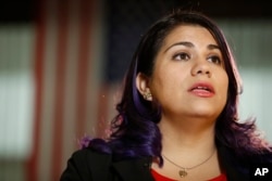 Astrid Silva is interviewed by The Associated Press on Capitol Hill in Washington, Feb. 28, 2017.