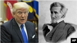 From left, President Donald Trump, the 45th president of the United States, President Andrew Jackson, the seventh president of the United States.