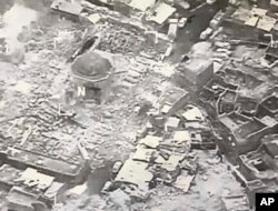 This image provided by U.S. CENTCOM shows al-Nuri mosque destroyed by the Islamic State group, in Mosul, Iraq, June 21, 2017.