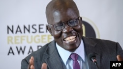 South Sudanese surgeon Evan Atar Adaha speaks during a press conference in the Kenyan capital Nairobi, Sept. 25, 2018, after being named the recipient of the UNHCR’s 2018 Nansen Refugee Award.
