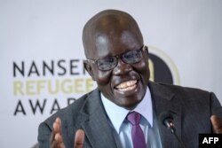 South Sudanese surgeon Evan Atar Adaha speaks during a press conference in the Kenyan capital Nairobi, Sept. 25, 2018, after being presented the UNHCR’s 2018 Nansen Refugee Award.