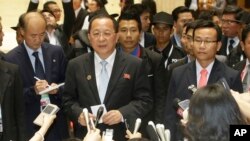 North Korea Foreign Minister Ri Yong Ho talks to a reporter after a break during the 23rd Asean Regional meeting in Vientiane, Laos, Tuesday, July 26, 2016. 