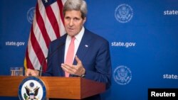 U.S. Secretary of State, John Kerry, announces a 72-hour humanitarian ceasefire between Israel and Hamas, in New Delhi, India, Aug. 1, 2014.