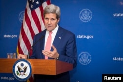 U.S. Secretary of State, John Kerry, announces a 72-hour humanitarian ceasefire between Israel and Hamas, in New Delhi, India, Aug. 1, 2014.