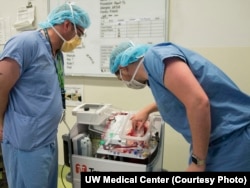 Medical workers examining a donated heart pumping, sealed in a new transport box. UW Medical Center, Seattle, WA Sept 16, 2015.