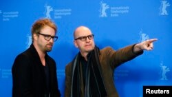 Director Steven Soderbergh and actor Joshua Leonard pose during a photocall to promote the movie Unsane at the 68th Berlinale International Film Festival in Berlin, Germany, Feb. 21, 2018.