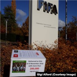 A box displaying a petition against Iran’s stadium ban on women is seen outside the headquarters of FIFA in Zurich, Nov. 8, 2018. More than 201,000 people around the world had signed the petition on the change.org website as of that date.
