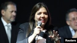 Archivo - María Alejandra Vicuña, vicepresidenta de Ecuador, habla tras ser elegida por la Asamblea Nacional en Quito el 6 de enero de 2018.