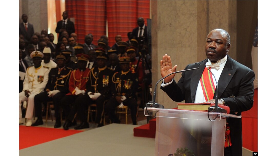 FILE - Gabon's President Ali Bongo Ondimba, as he is sworn in for a second term in Libreville, Gabon, Sept. 27, 2016.
