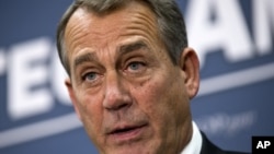 Speaker of the House John Boehner, R-Ohio, joined by the Republican leadership speaks to reporters about the fiscal cliff negotiations with President Obama following a closed-door strategy session, at the Capitol in Washington, December 18, 2012. 