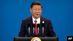 FILE: Chinese President Xi Jinping speaks during the opening ceremony of the Belt and Road Forum at the China National Convention Center in Beijing, May 14, 2017.