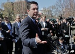 House Intelligence Committee Chairman Rep. Devin Nunes, R-Calif, speaks with reporters outside the White House in Washington, March 22, 2017, following a meeting with President Donald Trump.