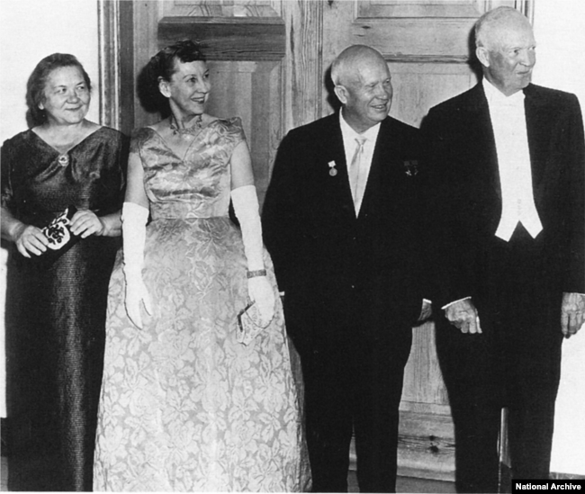 The Eisenhowers and Khrushchevs at a state dinner in 1959. The Soviet's successful launch of the first man-made satellite, Sputnik, intensified the competition between the countries.