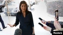 FILE - United States Ambassador to the United Nations Nikki Haley is pictured as she arrives for a lunch meeting in the Manhattan borough of New York City, March 26, 2018. 