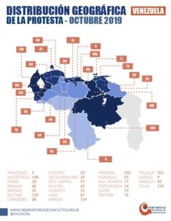 El fráfico indica la distribución geográfica de la protesta en octubre de 2019. Fuente: OVCS.