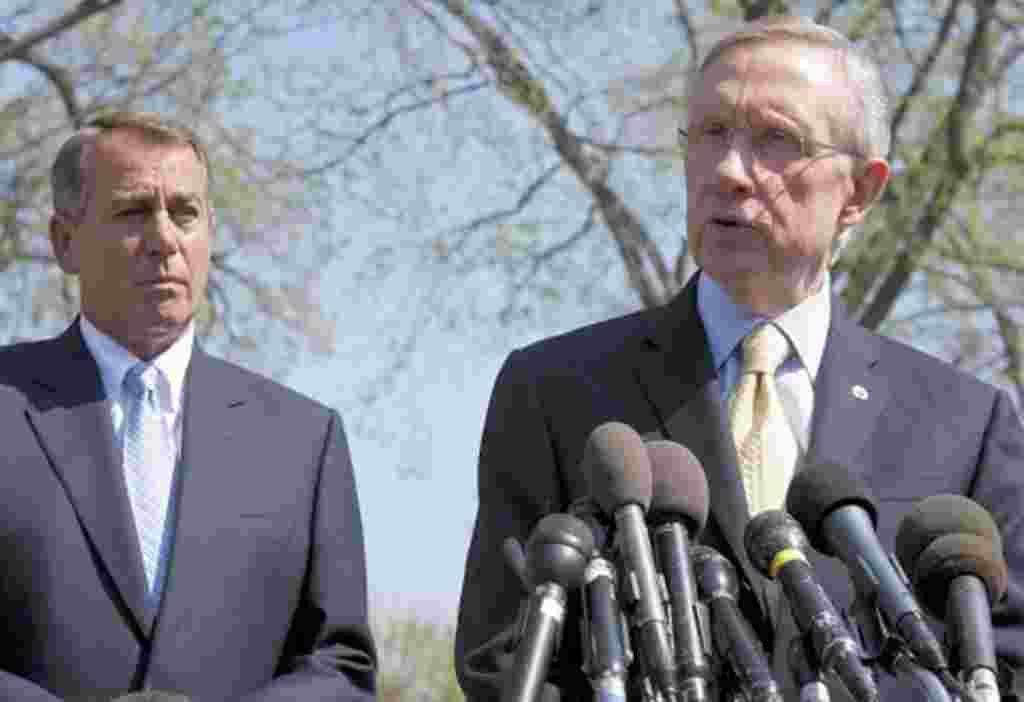 Harry Reid (D-NV) and John Boehner (R-OH) speak about the continuing budget negotiations after meeting with Obama in Washington, April 7, 2011