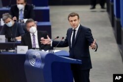 French President Emmanuel Macron delivers a speech at the European Parliament in Strasbourg, eastern France, Jan. 19, 2022.