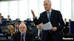 EU's chief Brexit negotiator Michel Barnier delivers a speech during a debate on BREXIT after the vote on British Prime Minister Theresa May's Brexit deal, at the European Parliament in Strasbourg, France, Jan. 16, 2019. 