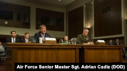 Defense Secretary Ash Carter and Marine Corps Gen. Joseph F. Dunford Jr., chairman of the Joint Chiefs of Staff, testify on U.S. military strategy in the Middle East before the Senate Armed Services Committee in Washington, D.C., Oct. 27, 2015.